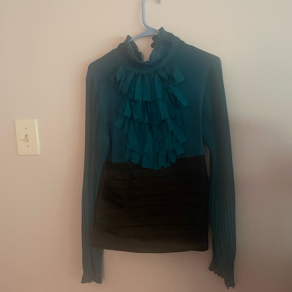 Elegant Teal and Black Ruffle Blouse